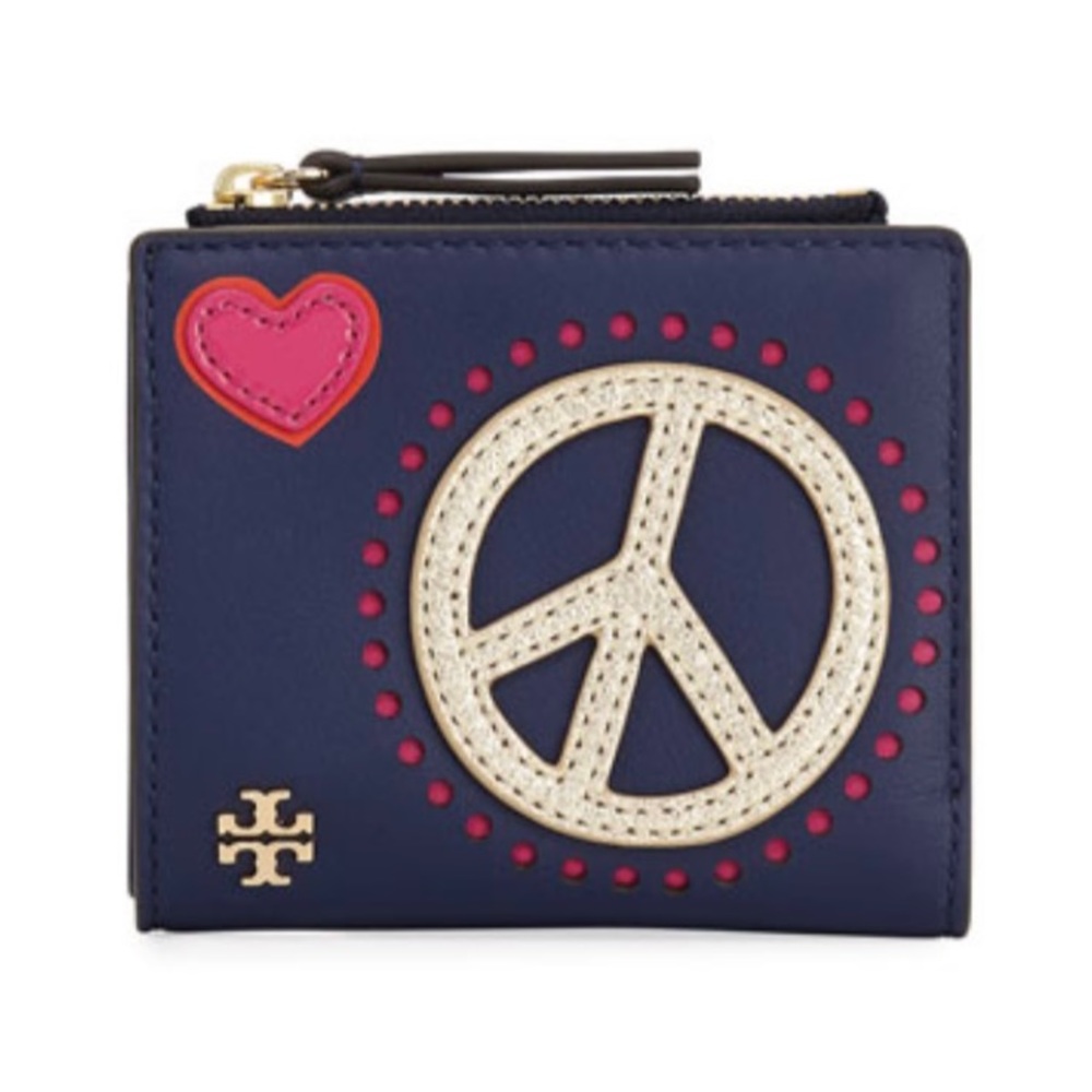 Tory Burch Peace Love Mini Wallet, Blue leather